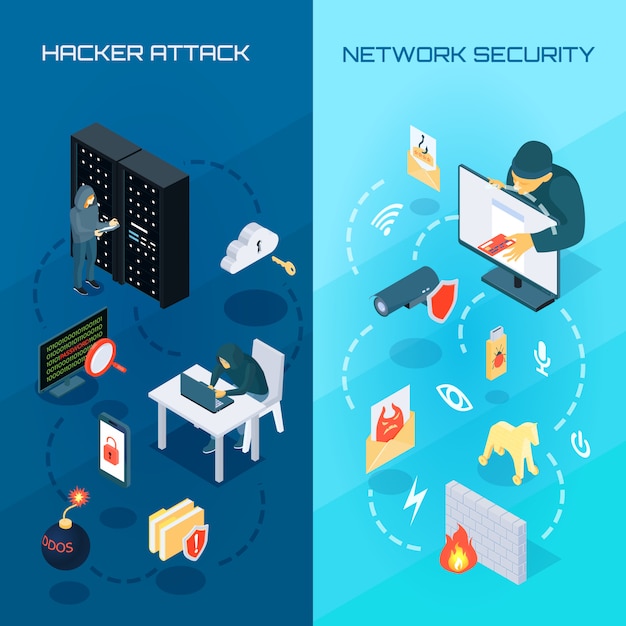 Vecteur gratuit hacker vetrical isometric banners