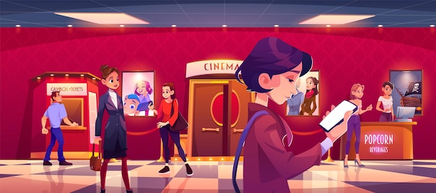 Vecteur gratuit hall du cinéma avec snack-bar et personnes