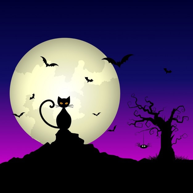 Vecteur gratuit halloween fond de nuit avec le chat et l'arbre fantasmagorique