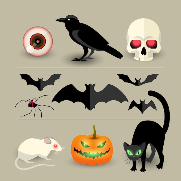 Halloween Isolé Icônes Décoratives Ensemble De Chauve-souris Citrouille Corbeau Crâne Araignée Chat Noir Et Dessin Animé Rat Blanc