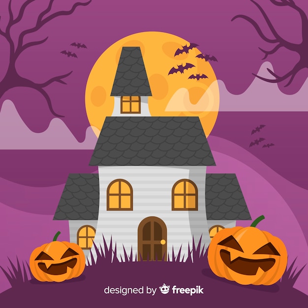 Vecteur gratuit halloween maison hantée fond plat