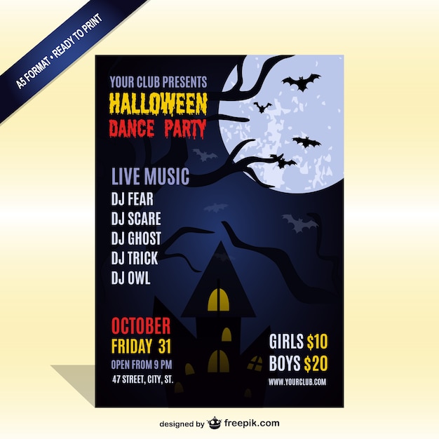 Vecteur gratuit halloween party avec musique live modèle de dépliant