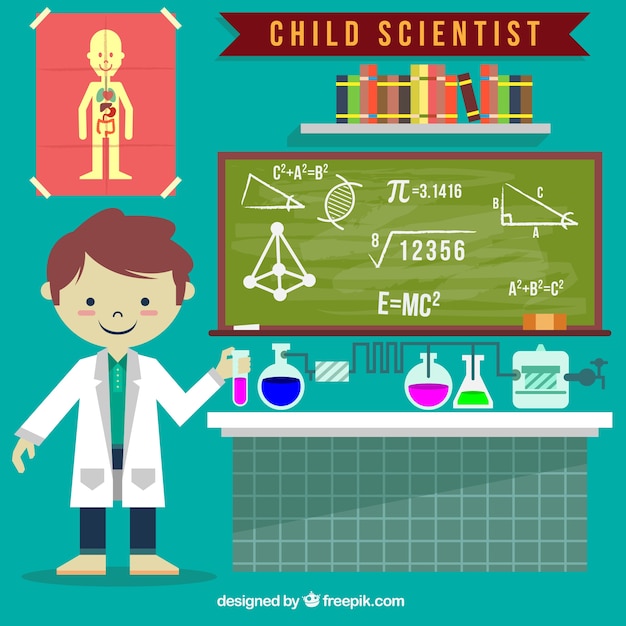 Hand Drawn Kid Scientifique Avec Les Accessoires De La Science