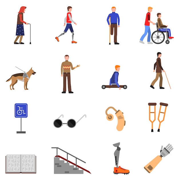 Handicapés personnes handicapées Icons Flat Set