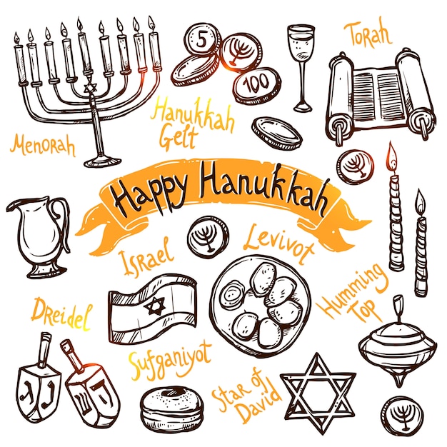 Vecteur gratuit hanukkah doodle set