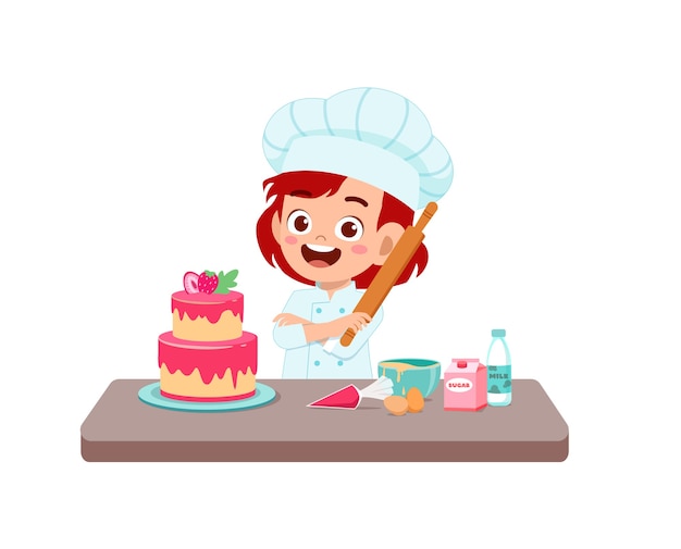 Happy Cute Little Kid Girl Porter L Uniforme De Chef Et Cuisiner Un Gateau D Anniversaire Vecteur Premium