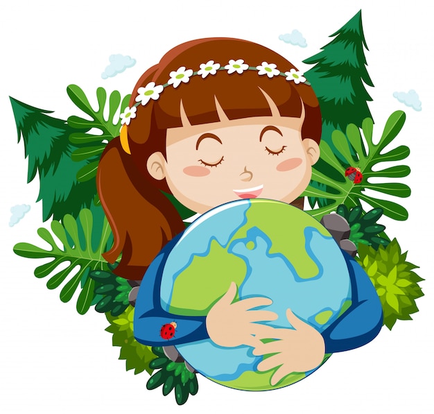 Vecteur gratuit happy girl hugging small world avec des feuilles dans