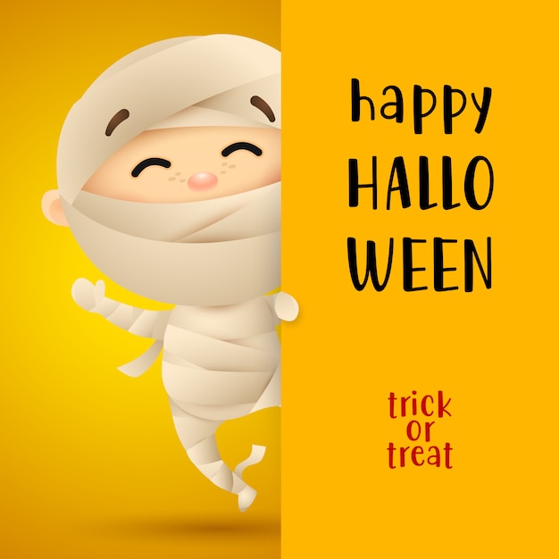 Vecteur gratuit happy halloween lettrage avec enfant en costume de maman