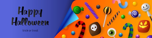 Vecteur gratuit happy halloween, trick or treat lettrage avec des bonbons