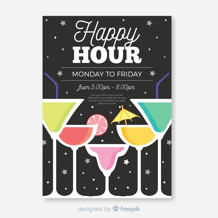 Vecteur gratuit happy hour affiche avec des cocktails
