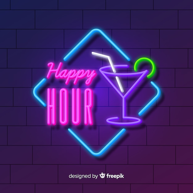 Vecteur gratuit happy hour au néon avec cocktail