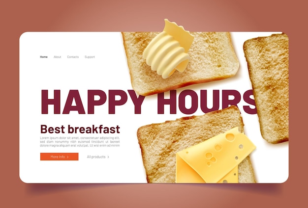 Vecteur gratuit happy hours pour la page de destination du petit-déjeuner avec des toasts