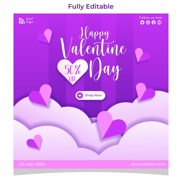 Vecteur gratuit happy valentine39s day vente discount modèle de publication sur les médias sociaux nuage violet