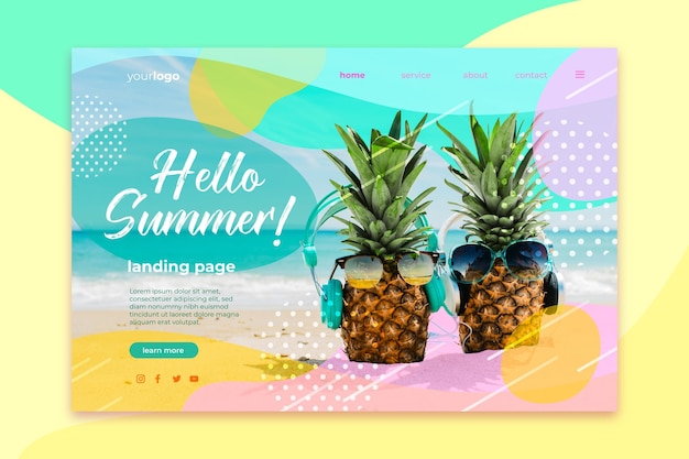 Hello landing page d'été avec ananas et lunettes de soleil