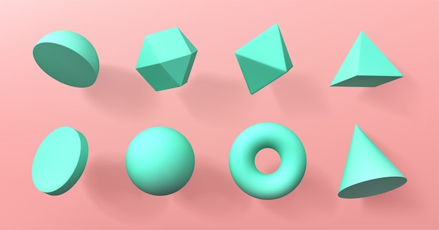 Hémisphère de formes 3D géométriques, octaèdre, sphère et tore, cône, cylindre et pyramide