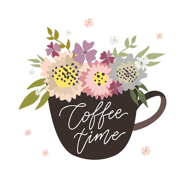 Vecteur gratuit l'heure du café, tasse avec des fleurs