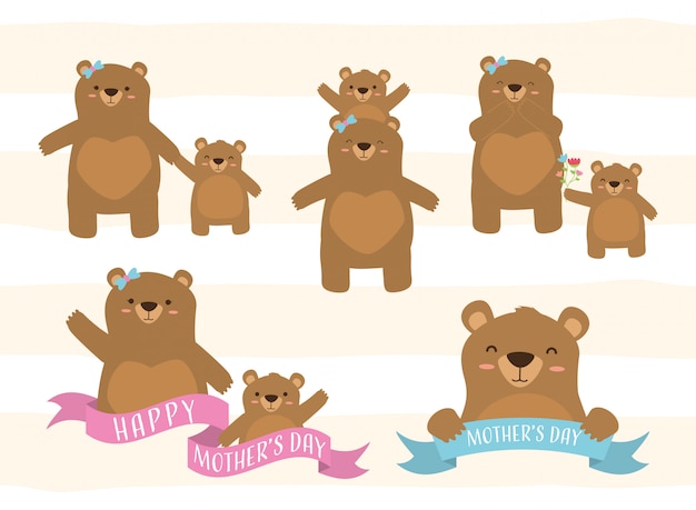 Vecteur gratuit heureuse fête des mères ensemble d'ours maman et une petite illustration d'ours