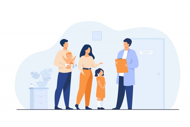 Heureuse jeune famille avec bébé et médecin pédiatre