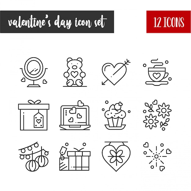 Vecteur gratuit heureuse saint valentin outline 12 icon set