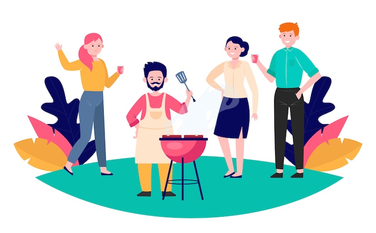 Vecteur gratuit heureux amis profitant d'une soirée barbecue
