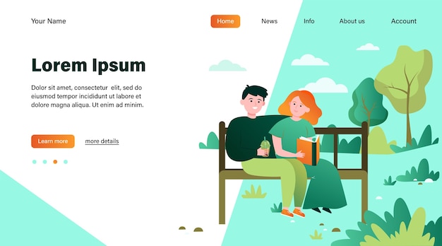 Heureux Couple Assis Sur Un Banc Dans Le Parc. Date, Amour, Livre Illustration Vectorielle Plane. Conception De Site Web Ou Page Web De Destination Pour Les Relations Et La Famille