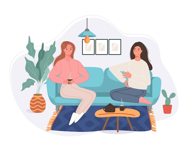 Heureux deux femmes assises dans le canapé buvant du café et parlant à la maison. Personnage souriant passant du temps ensemble.
