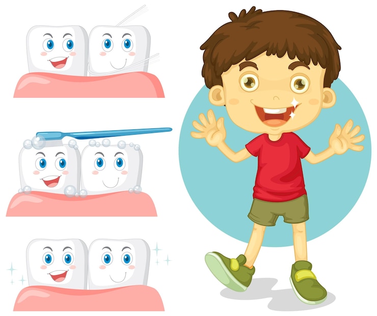 Vecteur gratuit heureux enfant sourire dents blanches avec différentes conditions de dents