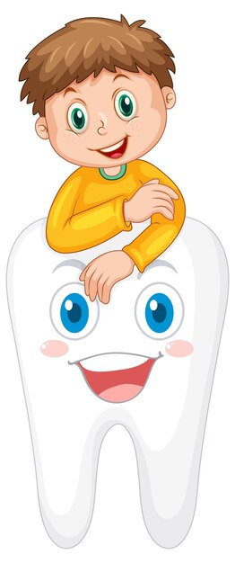 Heureux enfant tenant une grosse dent sur fond blanc