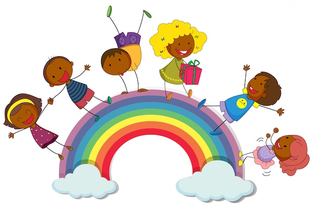 Heureux enfants debout sur l'arc-en-ciel
