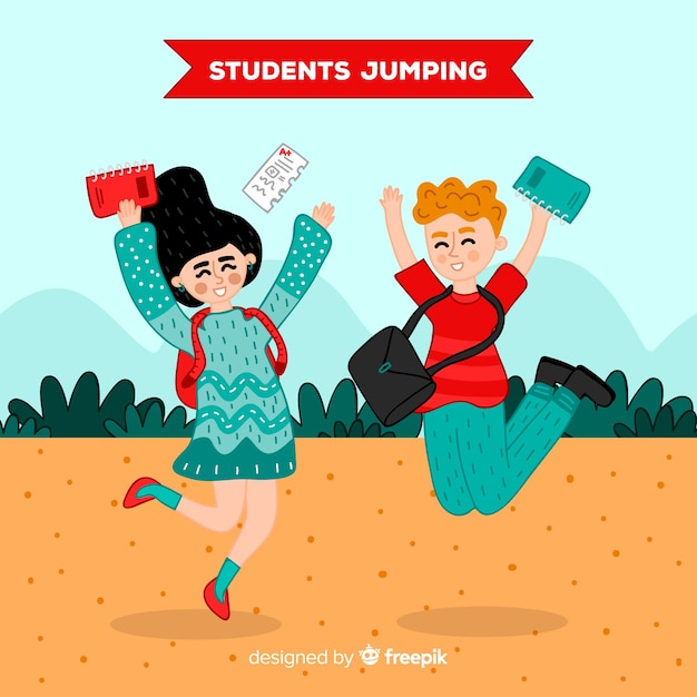 Vecteur gratuit heureux étudiants dessinés à la main en sautant