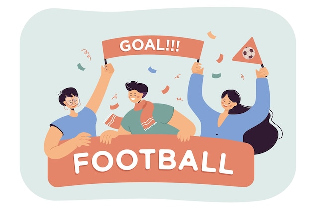 Vecteur gratuit heureux les fans de football en plein air illustration vectorielle plate. groupe de personnes actives avec bannière football acclamant l'équipe pendant le match. homme et femme excités appréciant le jeu de sport. notion de célébration