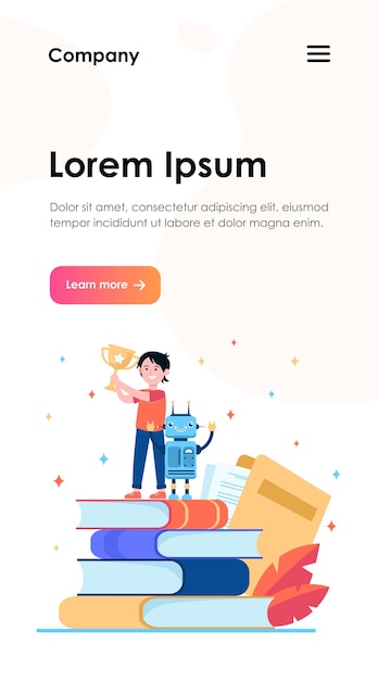 Heureux Garçon Gagnant La Coupe D'or Pour Le Robot. Ingénierie, étude, Modèle Web De Livre