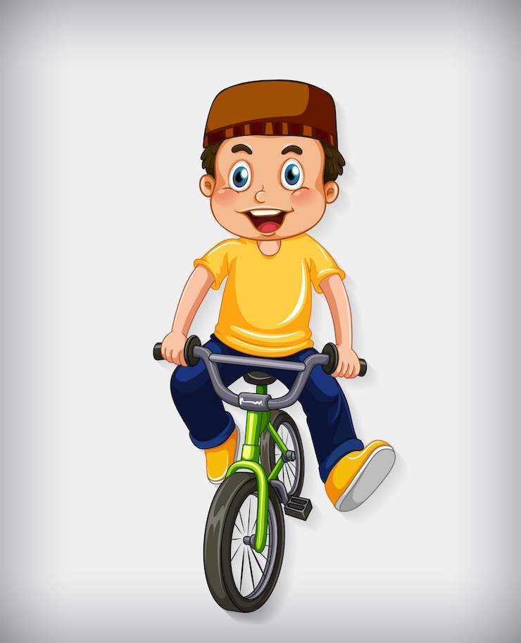 Vecteur gratuit heureux garçon musulman à vélo