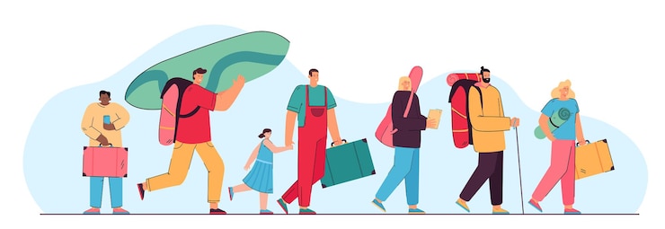 Vecteur gratuit heureux groupe de touristes marchant avec des valises illustration plat isolé