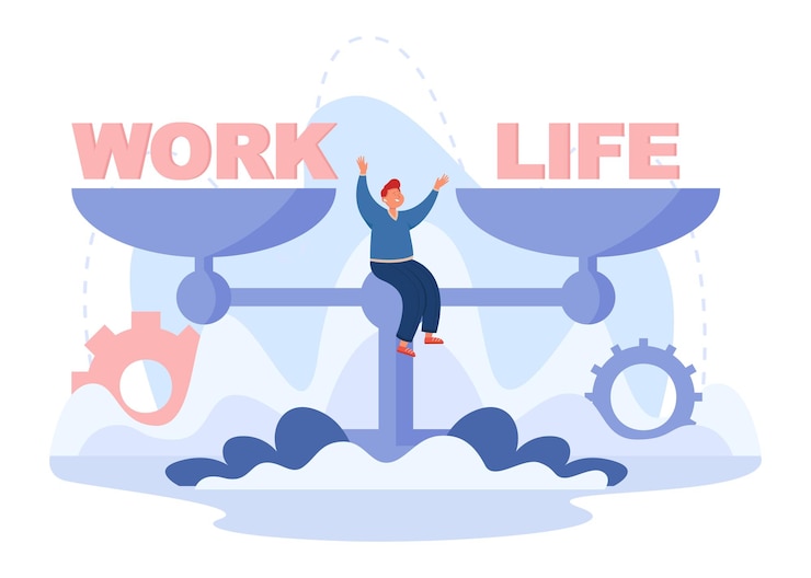 Vecteur gratuit heureux homme assis sur une balance avec des mots travail et vie