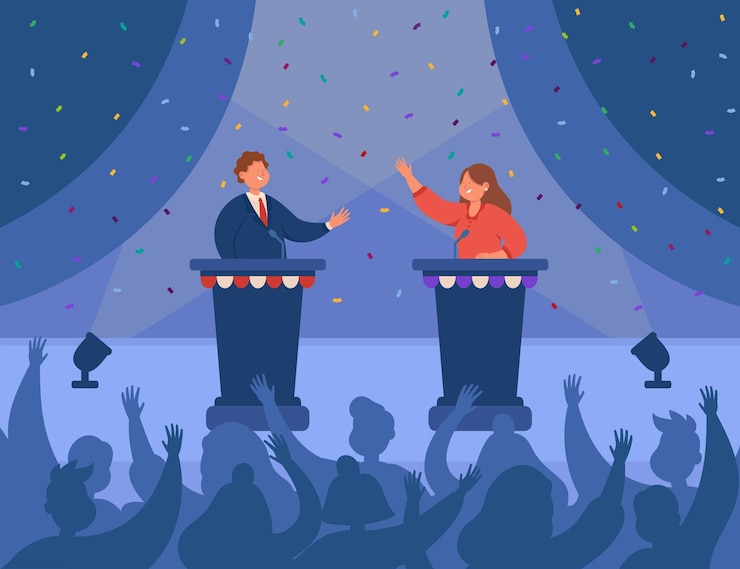 Vecteur gratuit heureux hommes et femmes politiques se saluant sur scène. orateurs debout à la tribune, débattant devant l'illustration à plat du public