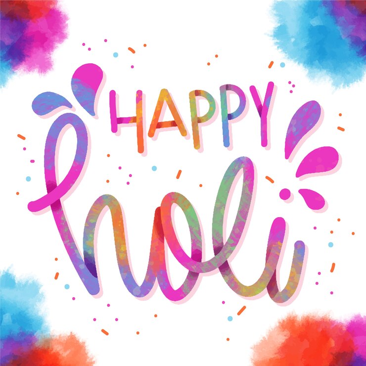 Vecteur gratuit heureux lettrage holi avec des confettis et des cadres aquarelles