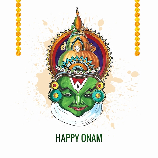 Vecteur gratuit heureux onam kathakali illustration sur fond aquarelle