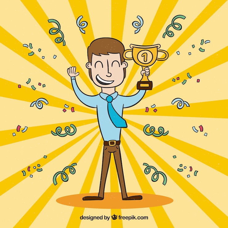 Vecteur gratuit heureux personnage de dessin animé remportant un prix