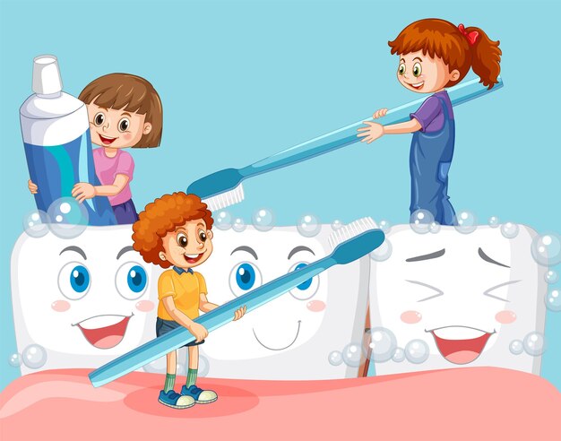 Heureux petit garçon et filles nettoyant de grandes dents heureuses sur le dos bleu