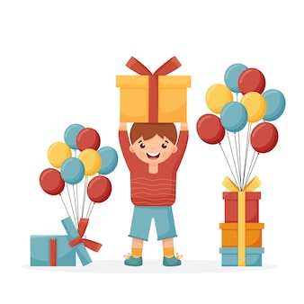 Heureux petit garçon tenant une boîte avec des cadeaux il y a des cadeaux avec des ballons à proximité