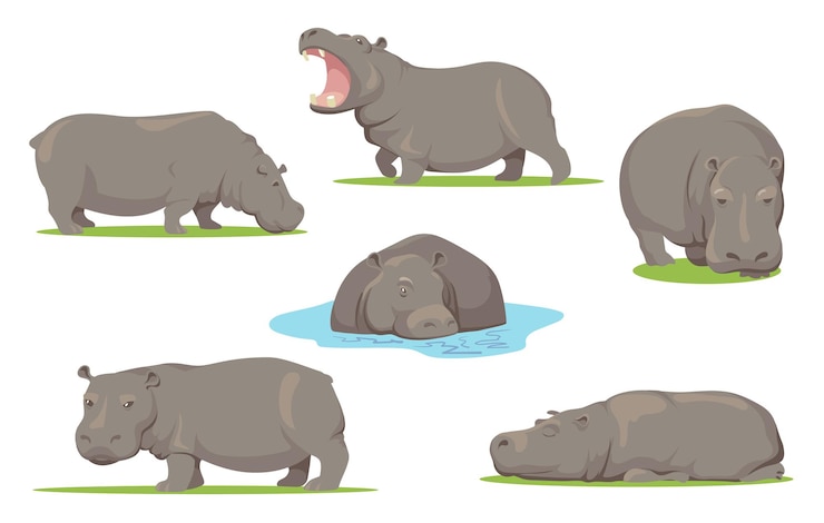 Vecteur gratuit hippo dans différentes poses ensemble plat