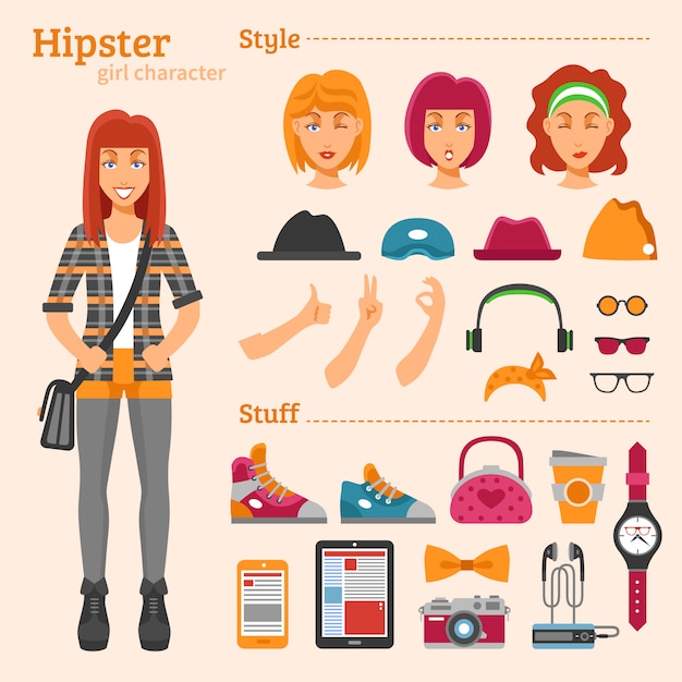 Hipster Girl Character Set D'icônes Décoratives