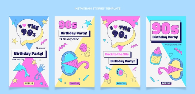 Vecteur gratuit histoires instagram d'anniversaire nostalgiques des années 90 dessinées à la main