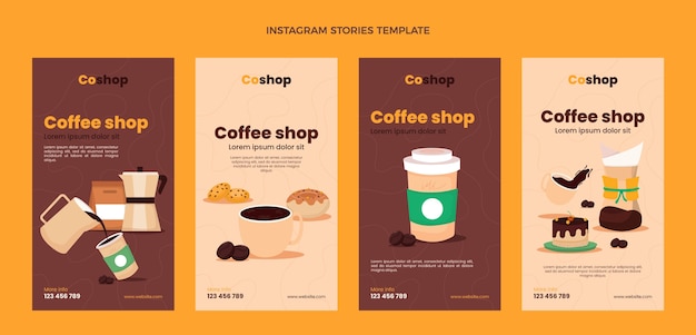 Histoires instagram d'un café minimaliste au design plat