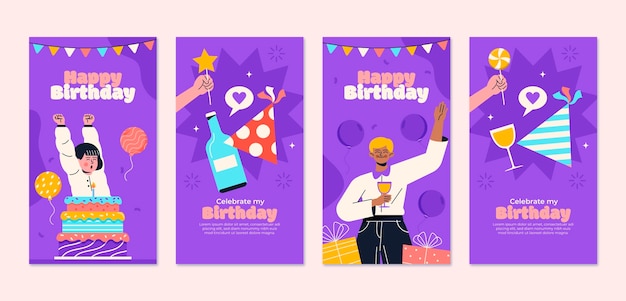 Vecteur gratuit histoires instagram de célébration d'anniversaire dessinées à la main