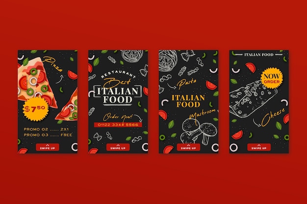 Vecteur gratuit histoires instagram de cuisine italienne dessinés à la main