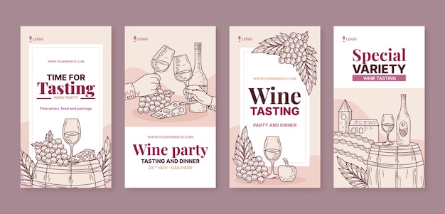 Vecteur gratuit histoires instagram de dégustation de vin dessinées à la main