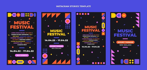 Histoires instagram du festival de musique en mosaïque design plat