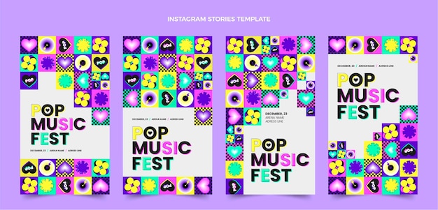 Vecteur gratuit histoires instagram du festival de musique en mosaïque design plat